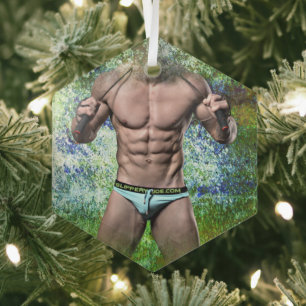 SlipperyJoe's white muscular sexy man speedo black Glass Ornament