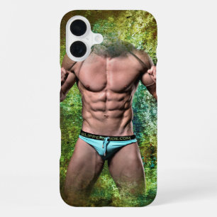SlipperyJoe's white muscular sexy man speedo black iPhone 16 Plus Case