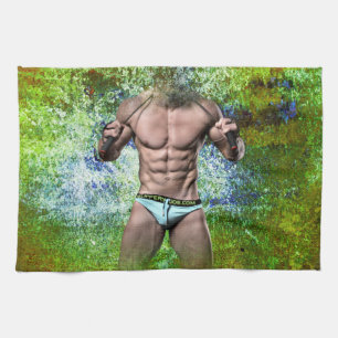 SlipperyJoe's white muscular sexy man speedo black Kitchen Towel