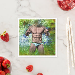 SlipperyJoe's white muscular sexy man speedo black Napkin