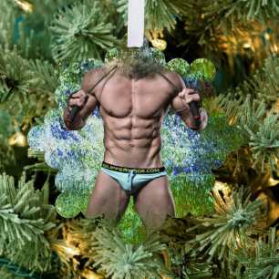 SlipperyJoe's white muscular sexy man speedo black Ornament Card