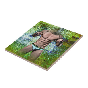 SlipperyJoe's white muscular sexy man speedo black Tile