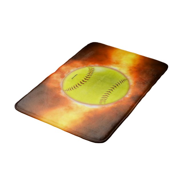 SlipperyJoe's yellow softball fireball flames rasp Bath Mat (Angled)