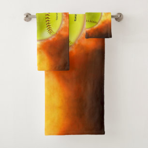 SlipperyJoe's yellow softball fireball flames rasp Bath Towel Set
