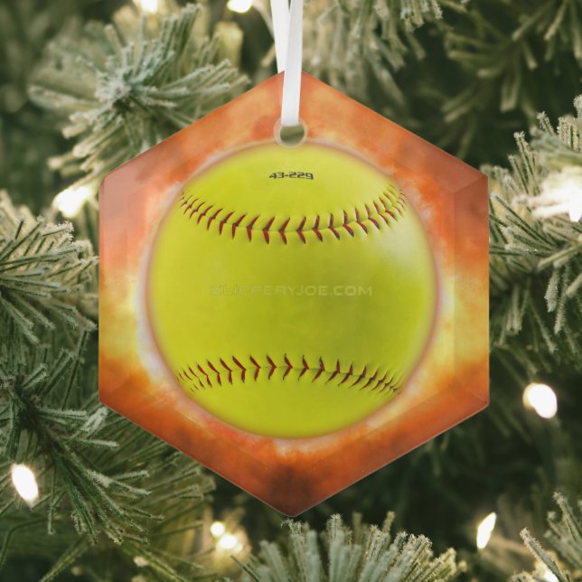 SlipperyJoe's yellow softball fireball flames rasp Glass Ornament (Insitu)