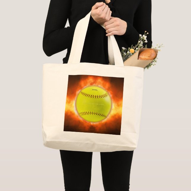 SlipperyJoe's yellow softball fireball flames rasp Large Tote Bag (Front (Product))