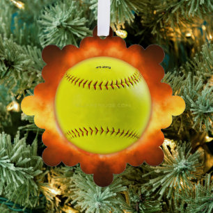 SlipperyJoe's yellow softball fireball flames rasp Ornament Card