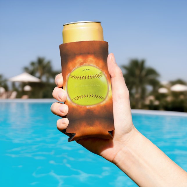SlipperyJoe's yellow softball fireball flames rasp Seltzer Can Cooler (In Situ Pool)