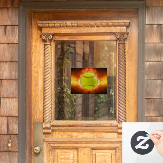 SlipperyJoe's yellow softball fireball flames rasp Window Cling (Home Door)