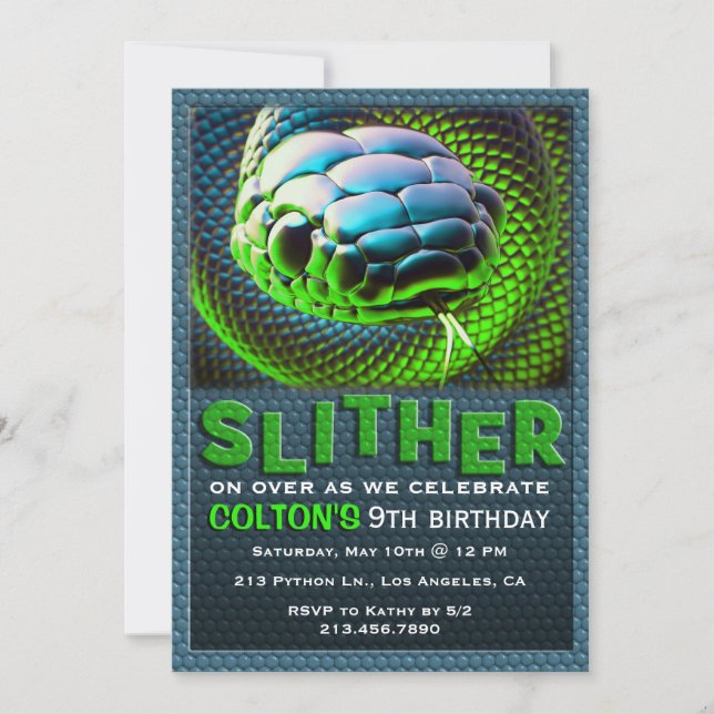Slither Snake Green Reptile Birthday Invitation (Front)
