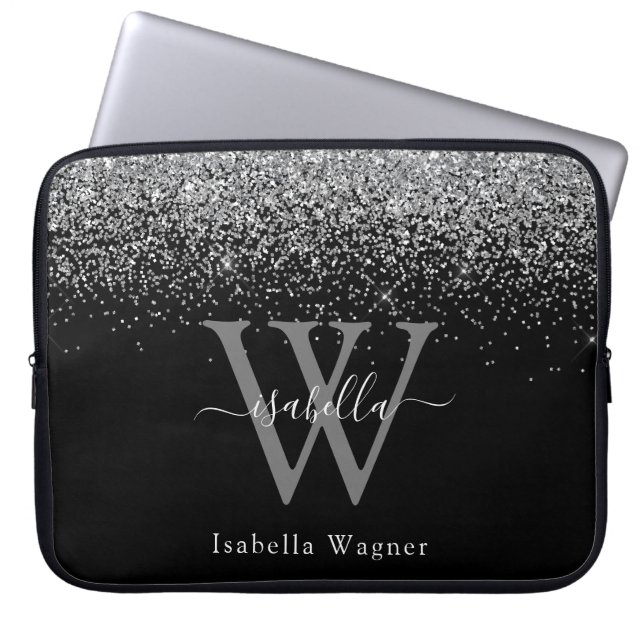 Sliver Black Glitter Elegant Script Name Laptop Sleeve (Front)