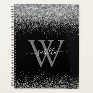 Sliver Black Glitter Elegant Script Name Planner