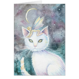Sliver Moon Cat and Fairy Watercolor Card