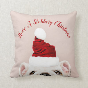 Slobbery Bulldog Christmas Dog with Santa Hat Throw Pillow