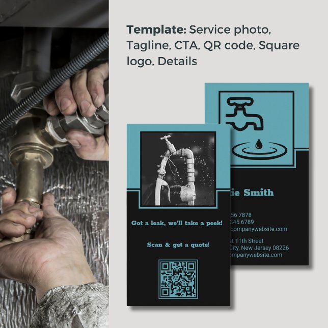 Slogan professionnel Carte de visite de plomberie  (Professional Slogan Blue Plumber Business Card, Photo, Logo, QR code, CTA, Tagline)
