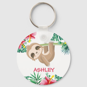 Sloth and flowers custom name keychain