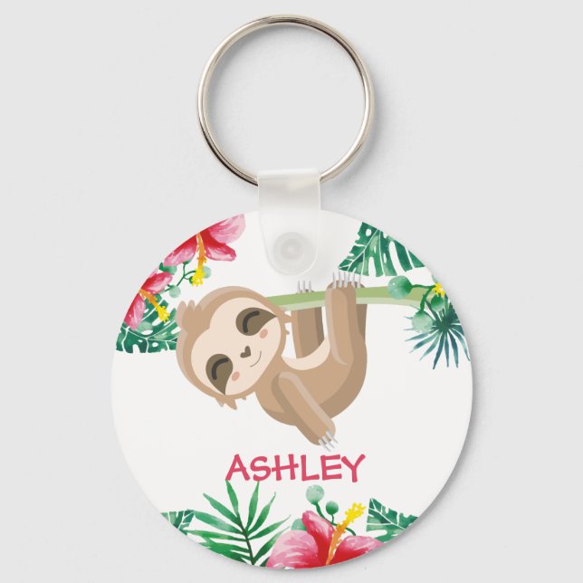 Sloth and flowers custom name keychain (Front)