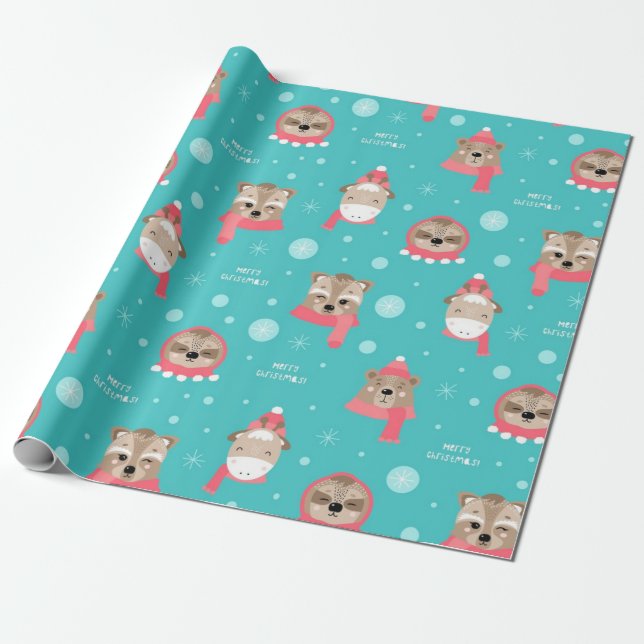 Sloth And Friends Christmas pattern Wrapping Paper (Unrolled)