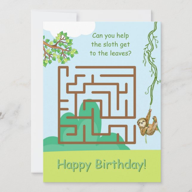 Sloth and leaves, maze puzzle birthday cards (Front)