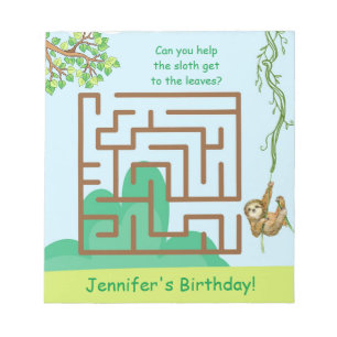 Sloth and leaves, maze puzzle birthday notepad