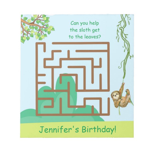 Sloth and leaves, maze puzzle birthday notepad (Front)