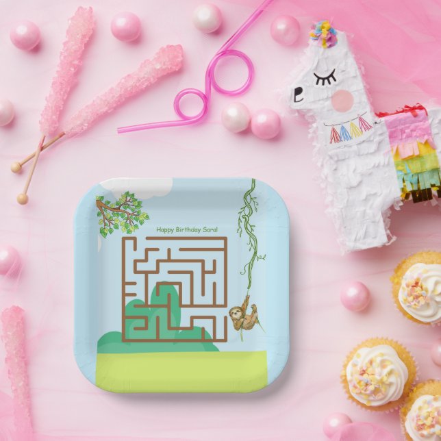 Sloth and leaves maze puzzle birthday paper plates (Party)