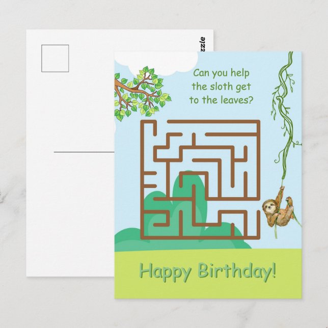 Sloth and leaves, maze puzzle birthday postcards (Front/Back)