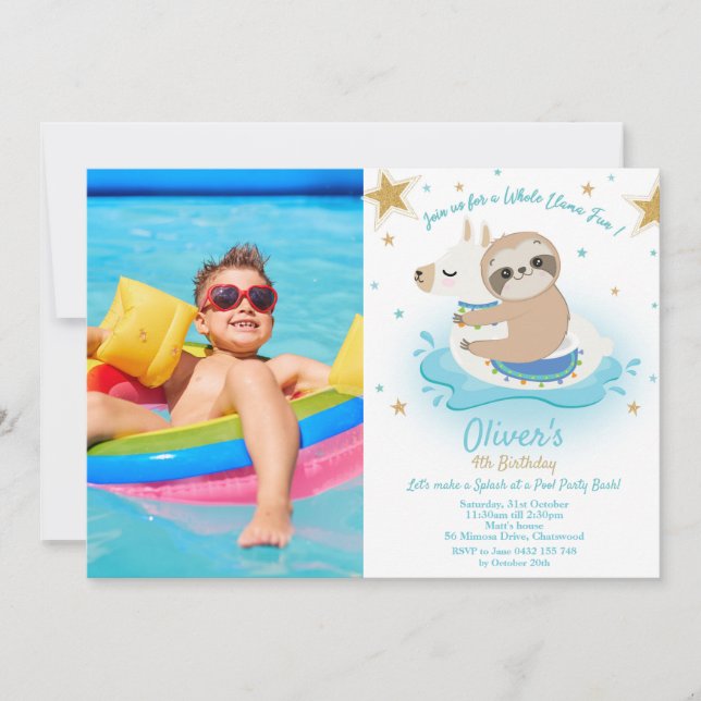 Sloth and Llama Pool Party Birthday Boy Photo Invitation (Front)