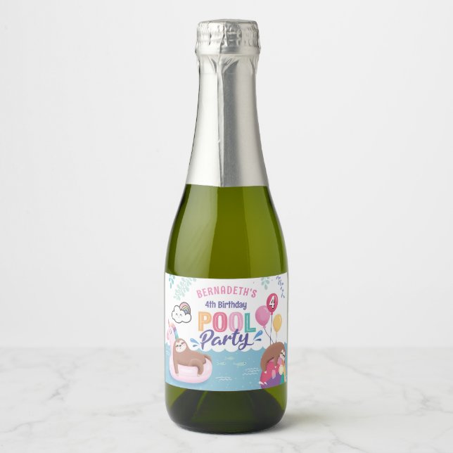 Sloth and Unicorn Summer Birthday Pool Party Sparkling Wine Label (Front)