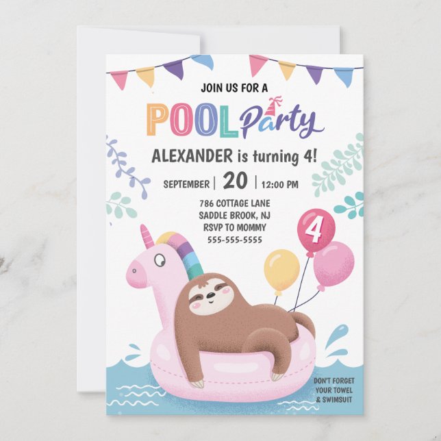 Sloth and Unicorn Summer Pool Party Birthday Invitation (Front)