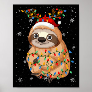 Sloth Animal Santa Hat Ugly Christmas Tree Lights Poster