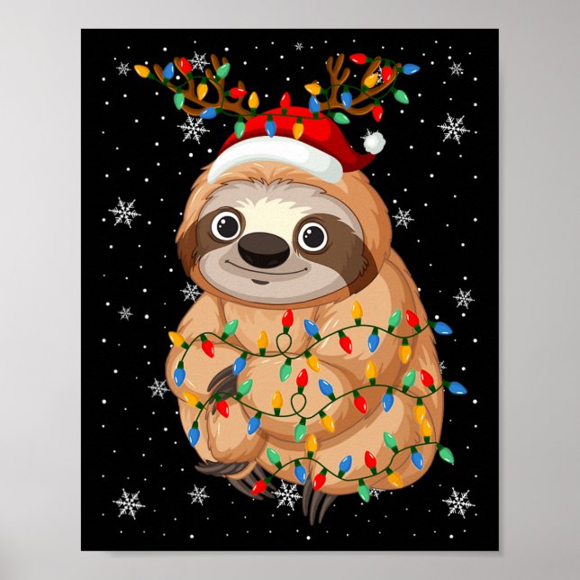 Sloth Animal Santa Hat Ugly Christmas Tree Lights  Poster (Front)