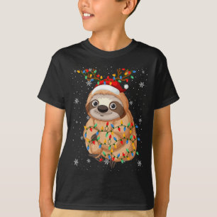 Sloth Animal Santa Hat Ugly Christmas Tree Lights T-Shirt