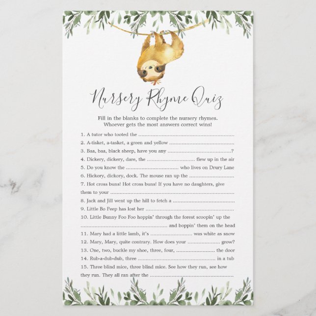 Sloth Animals Baby Shower Nursery Rhyme Quiz Game (Front)