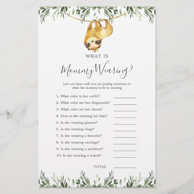 Sloth Animals Baby Shower What is Mommy Wearing (Front)