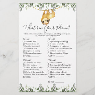Sloth Animals Baby Shower What's in Your Phone