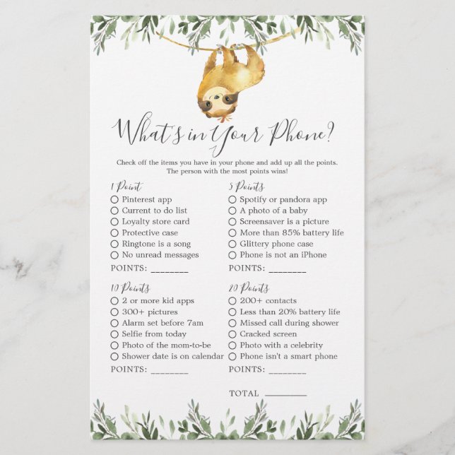 Sloth Animals Baby Shower What's in Your Phone (Front)