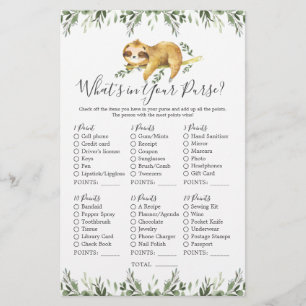 Sloth Animals Baby Shower What's in Your Purse