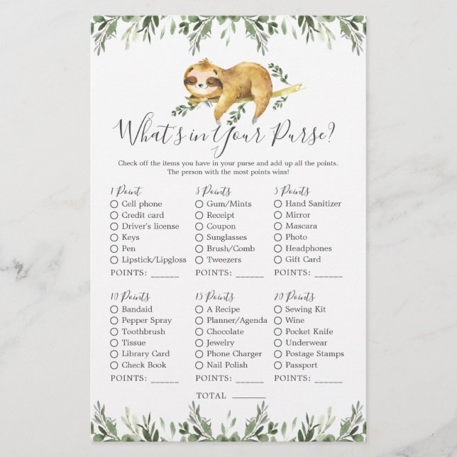Sloth Animals Baby Shower What's in Your Purse (Front)