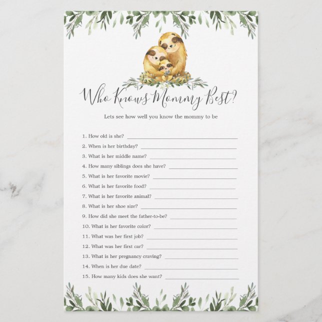 Sloth Animals Baby Shower Who Knows Mommy Best (Front)