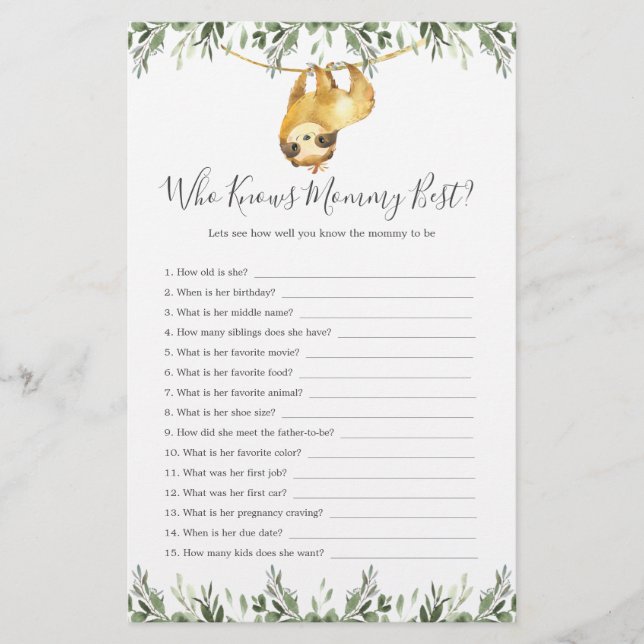 Sloth Animals Baby Shower Who Knows Mommy Best (Front)