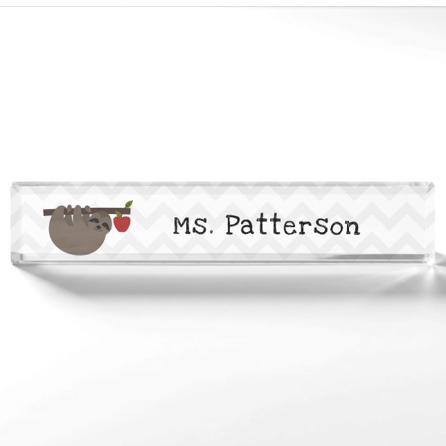 Sloth Apple Tree Chevron Teacher Nameplate (Front)