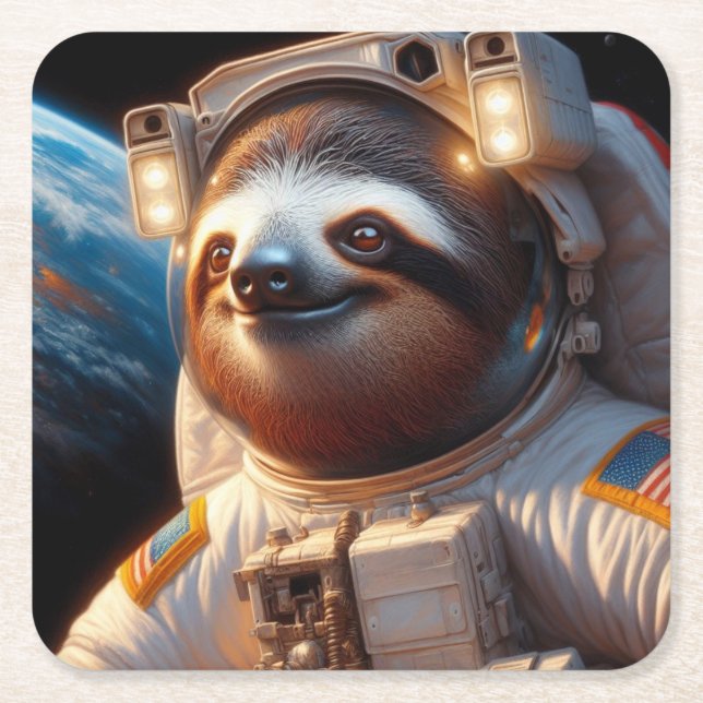 Sloth Astronaut Square Paper Coaster (Front)