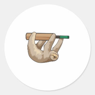 Sloth at Cricket with Cricket bat Classic Round Sticker