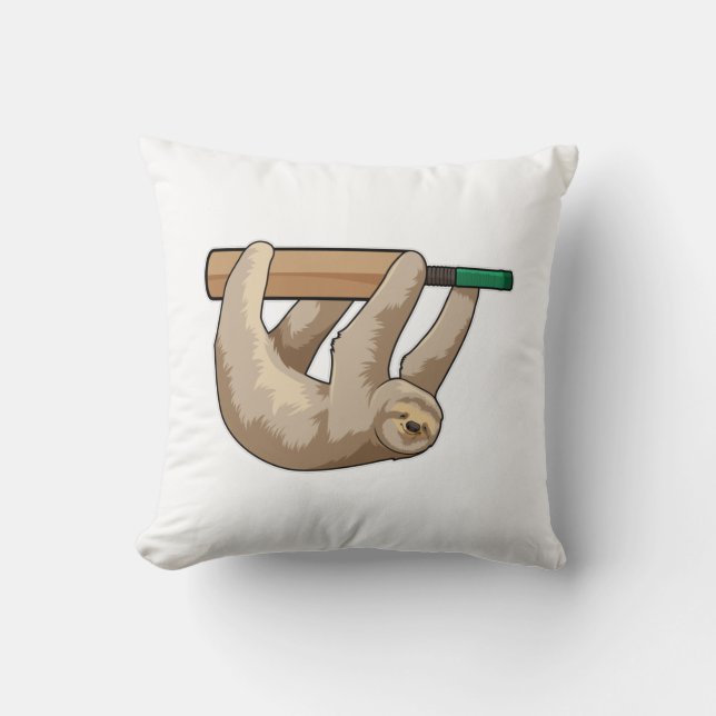 Sloth at Cricket with Cricket bat Throw Pillow (Front)