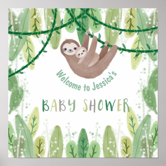Sloth Baby Boy Shower Jungle Theme Welcome Poster (Front)