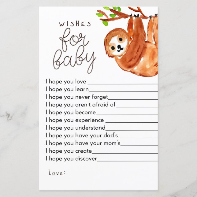 Sloth baby shower game wishes for baby game (Front)