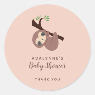 Sloth Baby Shower Gender Neutral Brown Script Cute Classic Round Sticker