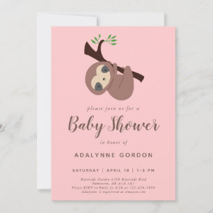 Sloth Baby Shower Girl Pink Brown Cute  Invitation