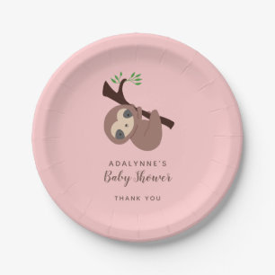 Sloth Baby Shower Girl Pink Brown Script Cute Paper Plate